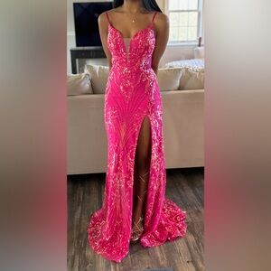 Nox Anabel D1355 Sequin Sheath Prom Dress With Slit (Fuschia/Pink Iridescent)